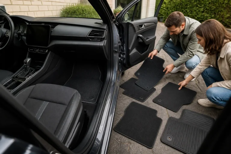 twee mensen vergelijken verschillende automatten naast een moderne auto met strak passende matten in het interieur