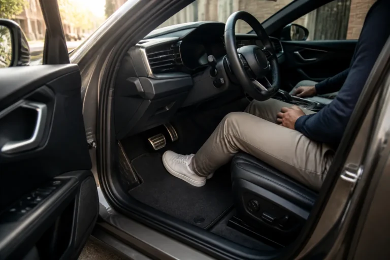 bestuurder stapt in moderne auto met strak passende automatten bij het woonhuis