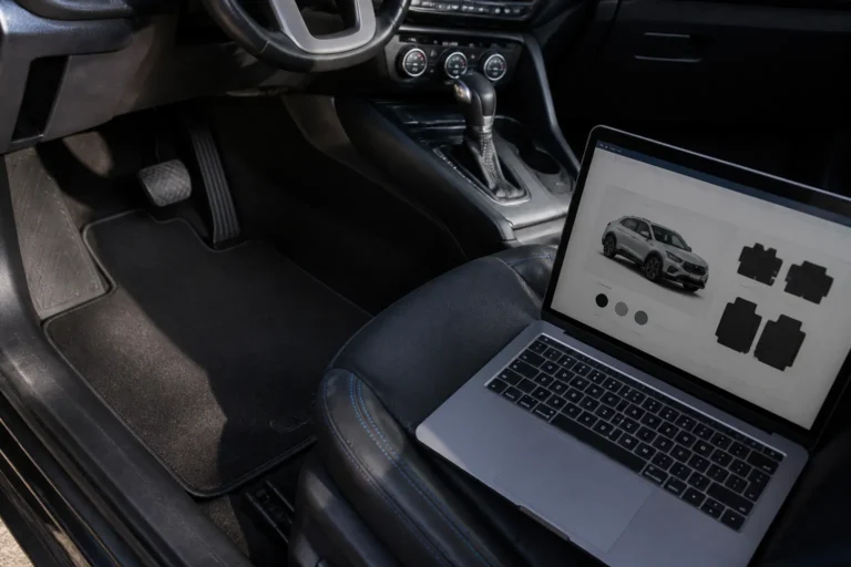donkere automatten met perfecte pasvorm in een moderne auto, naast een open laptop met online bestelpagina