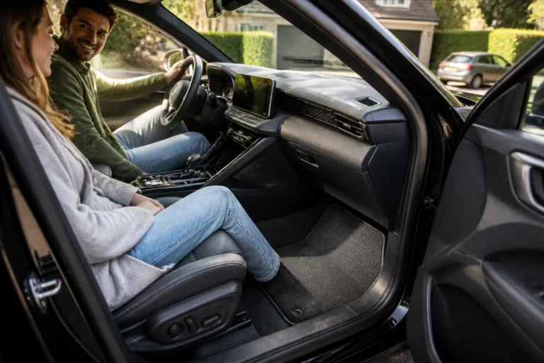 bestuurder stapt in moderne auto waarbij strak passende automatten in het interieur opvallen