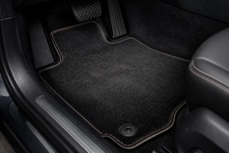 close-up van donkere velours automatten in een auto-interieur met zichtbare poolstructuur en bevestigingsclips