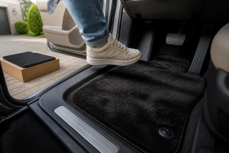 persoon stapt in auto met close-up van velours automat bij pedalen en pakketdoos buiten de deur