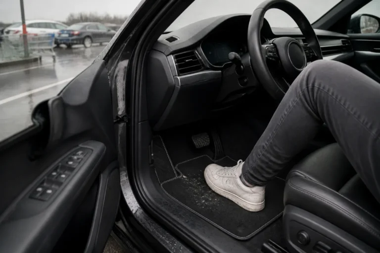 moderne auto waarin een bestuurder met natte schoenen instapt op strak passende automatten