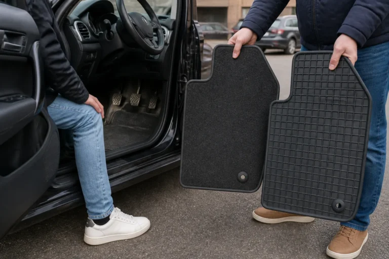 bestuurder stapt in auto met velours automat bij de pedalen terwijl naast de auto iemand naaldvilt en rubber mat toont